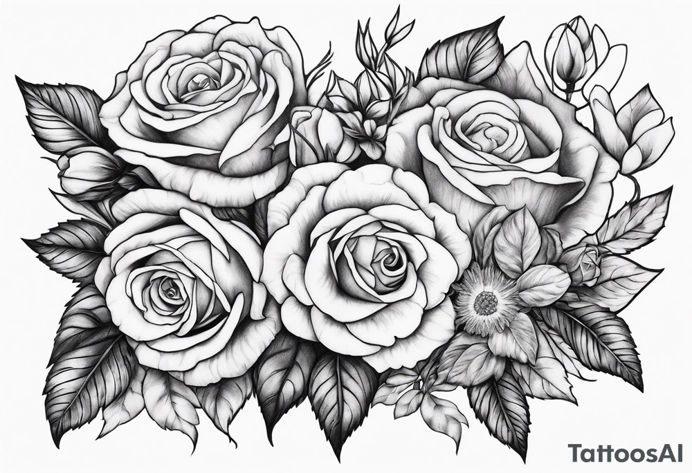large floral with roses and lilac tattoo idea