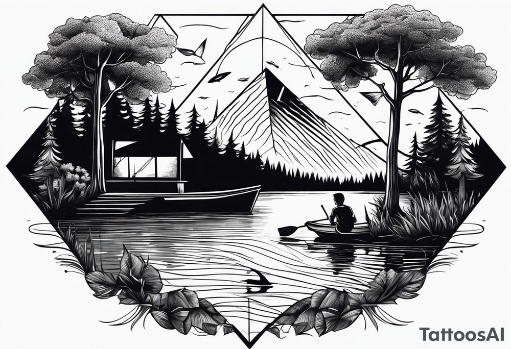 Triangular forearm tattoo set on a lake. At the bottom of the triangle there is a boat dock with a little boy fishing and a little girl reading. There are trees surrounding the lake. tattoo idea