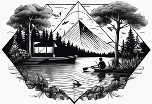 Triangular forearm tattoo set on a lake. At the bottom of the triangle there is a boat dock with a little boy fishing and a little girl reading. There are trees surrounding the lake. tattoo idea