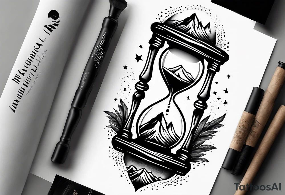 3 tier hourglass, mountain on top, explosion in middle, nature on bottom. Long tattoo to fit on the forearm, masculine, minimalist, tattoo idea