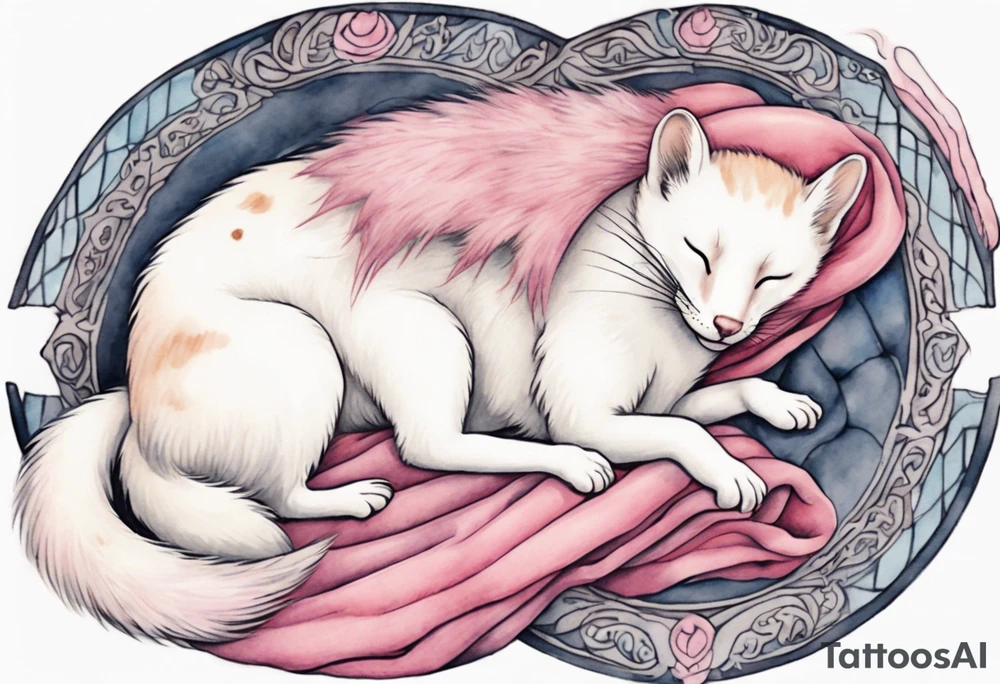 an ermine with pink fur sleeping on the lap of a beautiful medieval woman tattoo idea