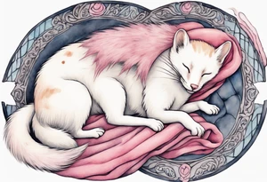 an ermine with pink fur sleeping on the lap of a beautiful medieval woman tattoo idea