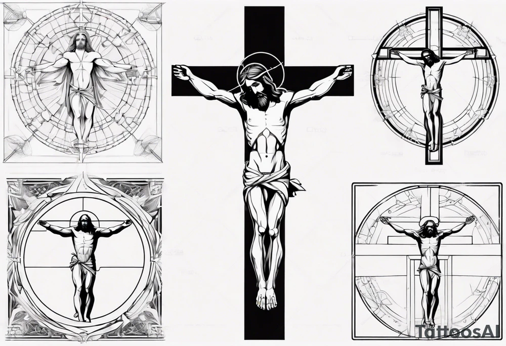 Geometric Vitruvian man combined with Jesus on the cross tattoo idea