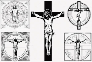 Geometric Vitruvian man combined with Jesus on the cross tattoo idea