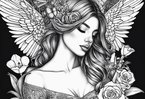 off shoulder 
fallen angel with head down and face covered by her hair surrounded by lily, daffodil, rose, daisy, narcissus holding a hummingbird tattoo idea