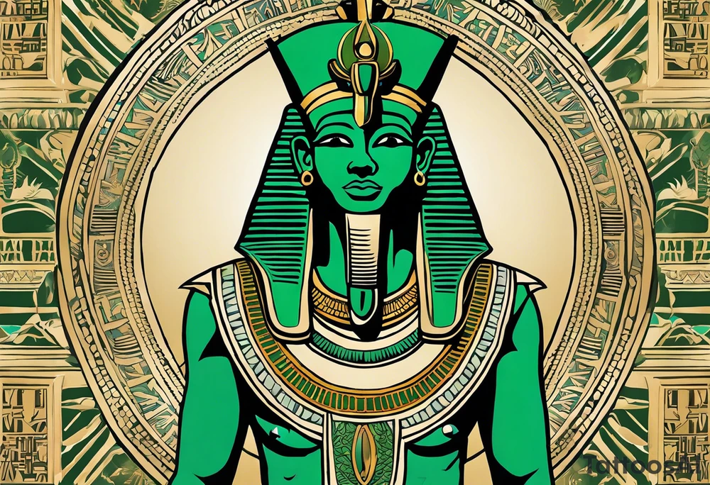The tattoo represents Osiris, the god of the afterlife and resurrection, with his iconic green skin and traditional attire. His body is wrapped in a detailed shroud, and he is depicted with the Atef crown, featuring the white crown of Upper Egypt flanked by two feathers. His eyes are serene yet powerful, reflecting his role as the judge of the dead. The detailed texture of his skin and attire, along with realistic shadows and highlights, accentuate Osiris’s divine and otherworldly presence. tattoo idea