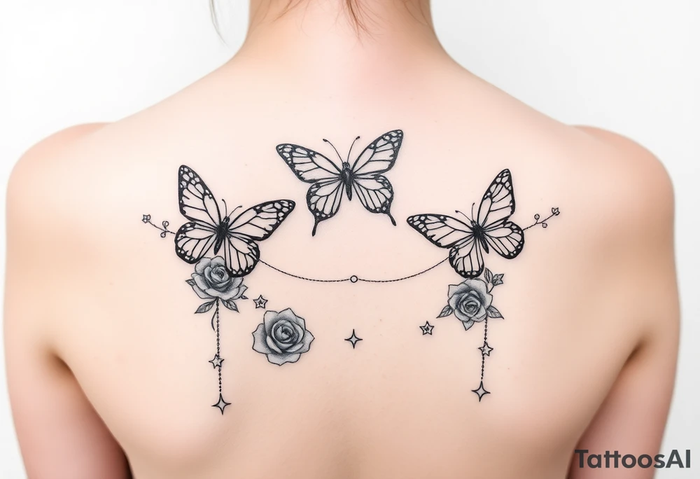 Butterflies, roses, gemstones on chains, stars tattoo idea