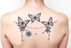 Butterflies, roses, gemstones on chains, stars tattoo idea