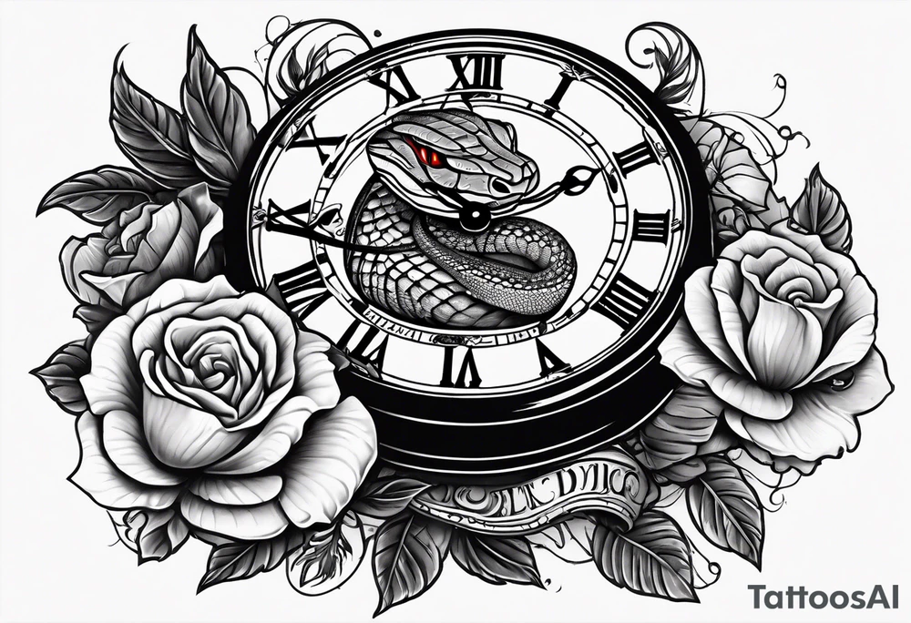 Powerful King cobra wrapped around an old broken watch clock with dead roses all around in the background tattoo idea