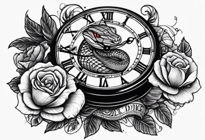 Powerful King cobra wrapped around an old broken watch clock with dead roses all around in the background tattoo idea