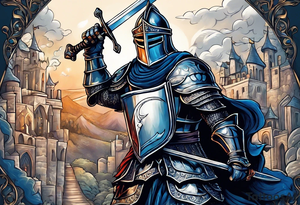 a knight pulling a sword out of the bible tattoo idea