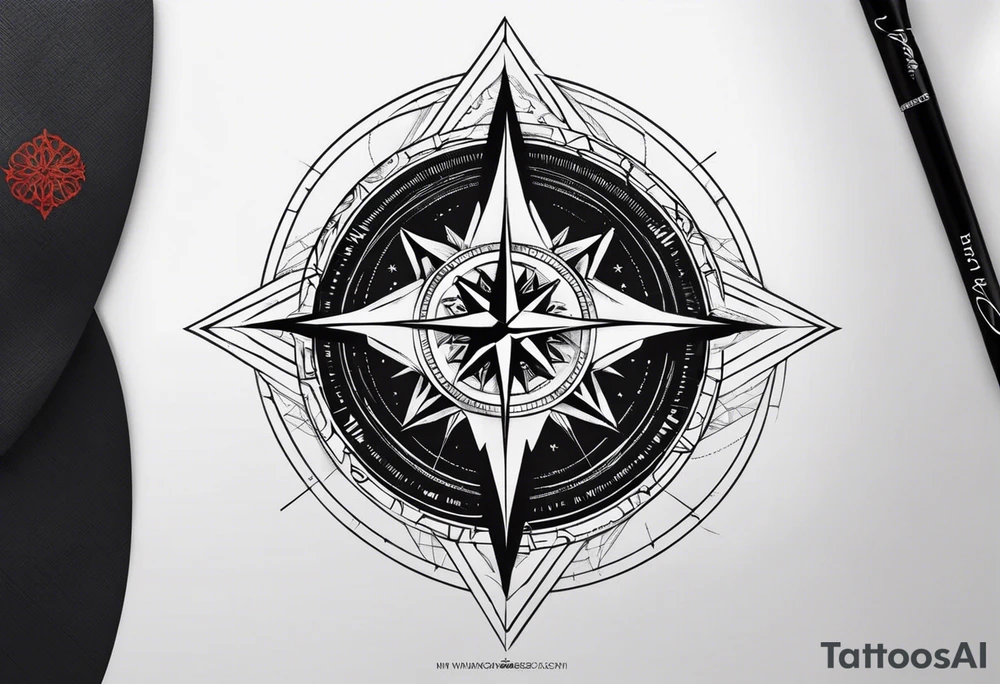 The topic should be travellig the world. The centre should be a minimal compass, maybe combined with the world. The background should be designed with thin lines. It is located at the upper back of a man tattoo idea