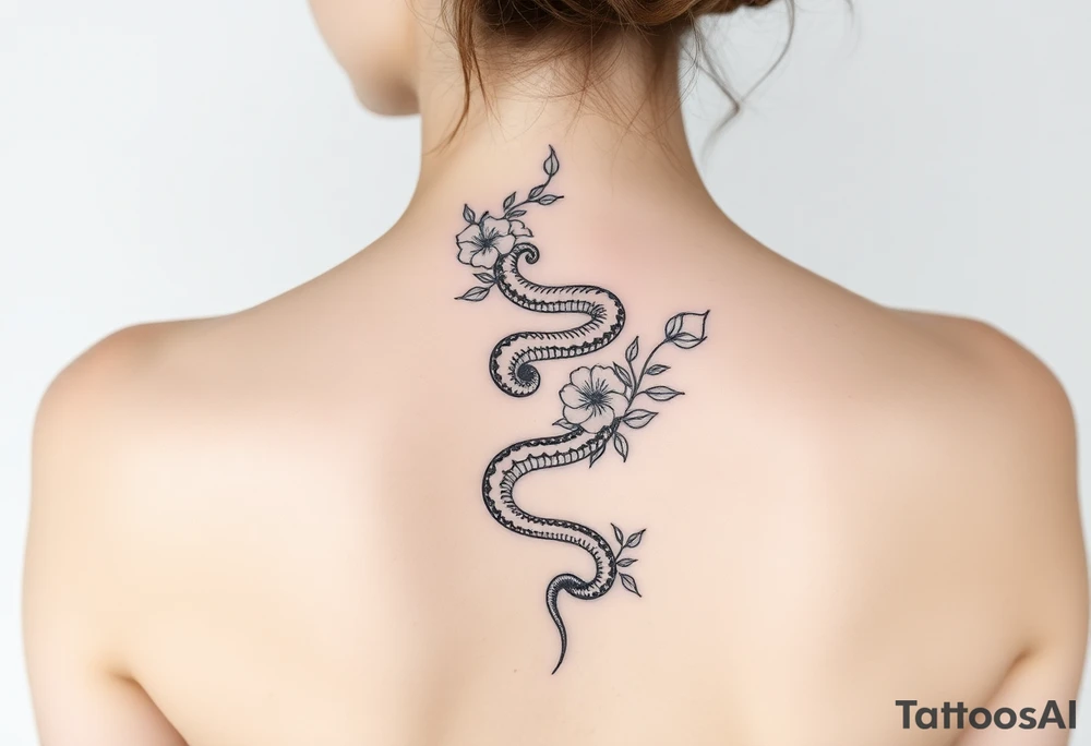 Snake wrapping around the spine with florals tattoo idea