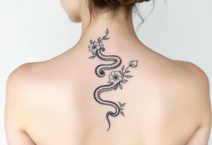 Snake wrapping around the spine with florals tattoo idea