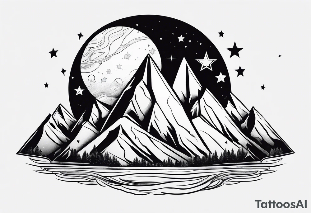 Mountains with planets and stars in the background tattoo idea Mountains with planets and stars in the background tattoo idea