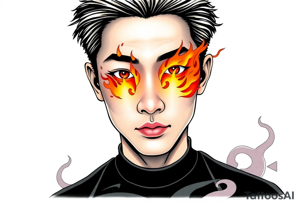 Handsome Asian young guy with flame instead of eyes tattoo idea