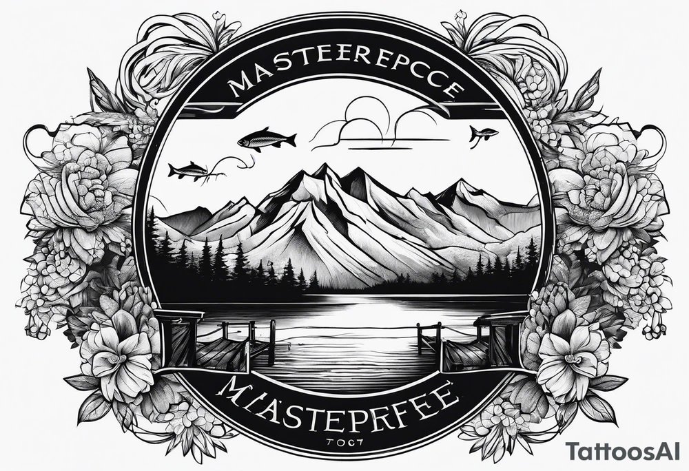 landscape and fishingpole and line with hook tattoo idea