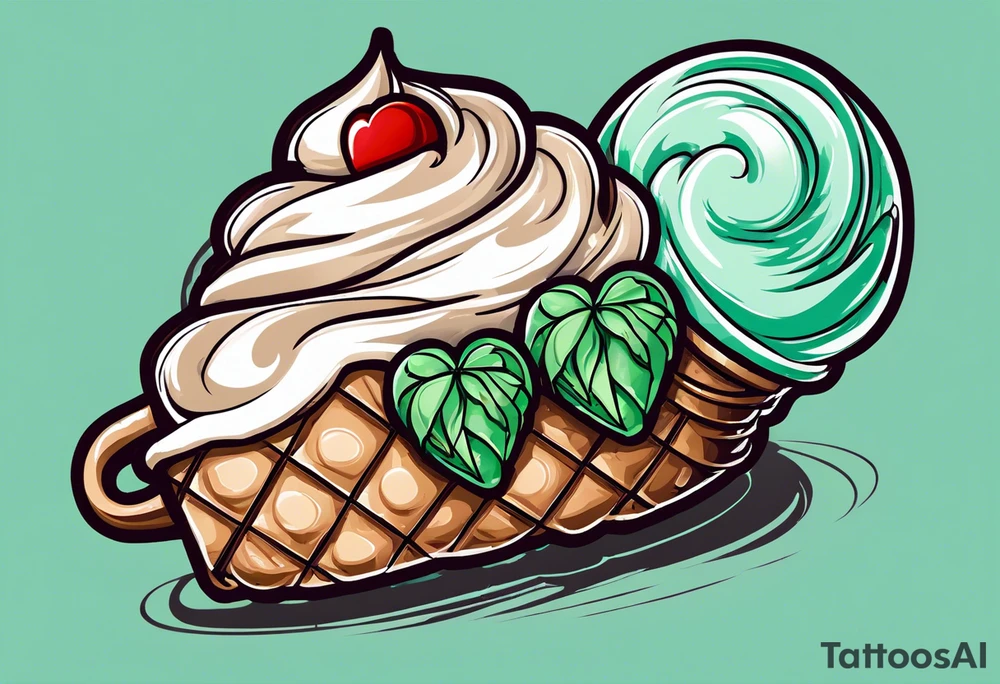 simple mint chocolate chip ice cream cone with small red heart on it somewhere. tattoo idea