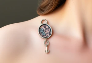 An open silver lock with swirling floral engravings, with a matching silver key hanging from a delicate chain tattoo idea