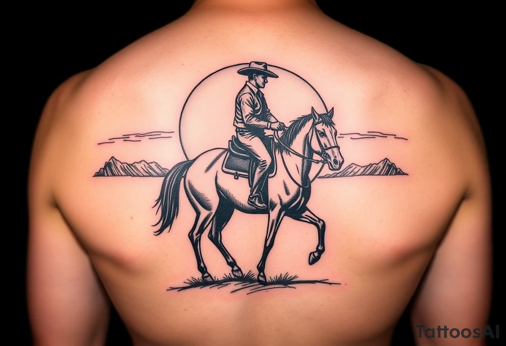 Cowboy riding a horse
 against a sunset tattoo idea
