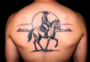 Cowboy riding a horse
 against a sunset tattoo idea