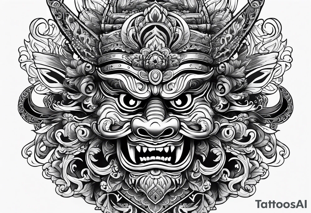 Barong mask hear see and remain silent tattoo idea