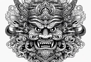 Barong mask hear see and remain silent tattoo idea