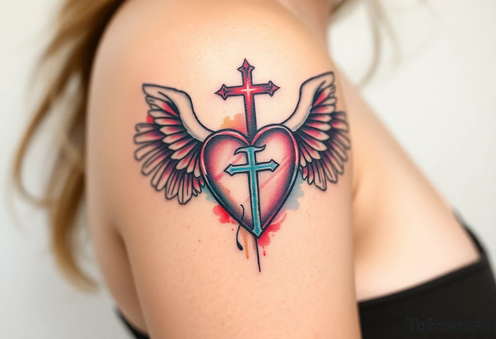 catholic sacred heart with wings and serpent cross tattoo idea