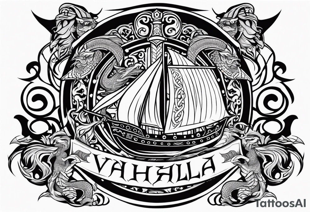 Valhalla sword shield viking ship dragon tattoo idea
