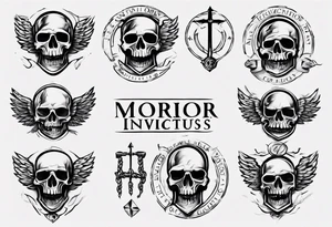 roman font saying "morior invictus" roman style tattoo idea