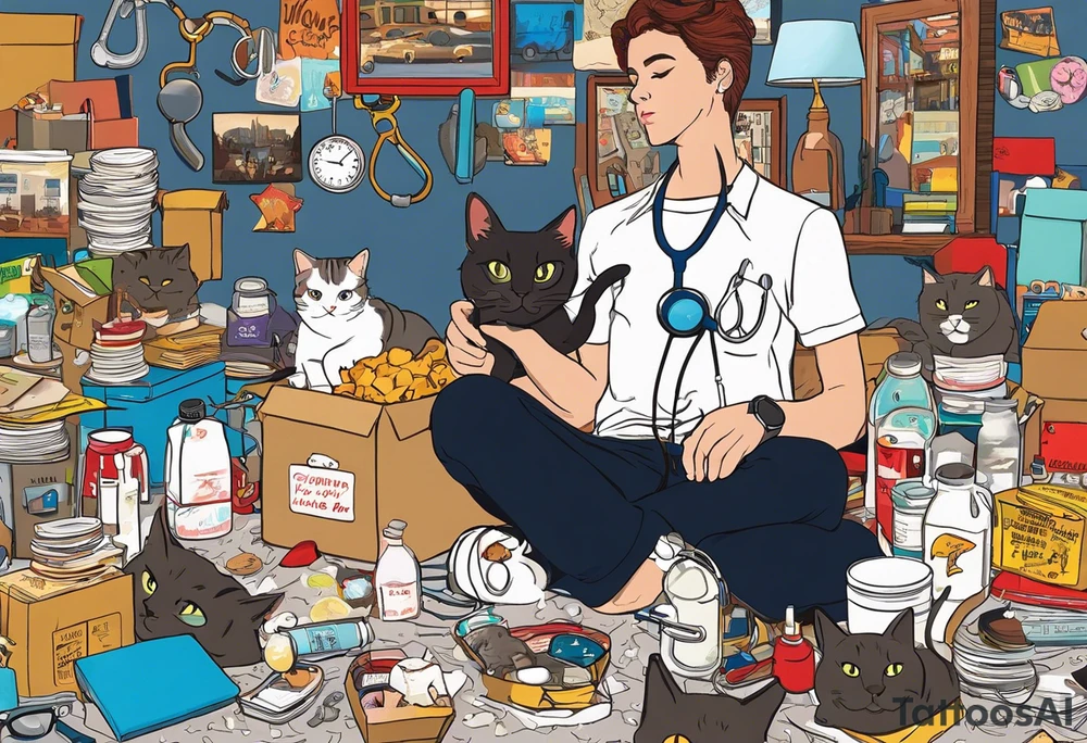 Gallon of Milk in one hand one hand cuff hanging down 
Scepter in one hand knife in pocket
A stethoscope hanging around your neck
Mushrooms 
Naked cats 
Ice 
Watches 
Chase bank on fire ❤️
A mirror with a few lines
Feragamo shoe boxes 
Jay is backdrop entire back
Tina and Gabriel inside of a larger naked cat 
5 10k straps
Small pic of Jen’s RAV4 license plate JEN
MDMA rock
A little Pic of Leland if everything works out
Small pic of cheena and V
Small pic of Turban J and Heather 
In a very prominent spot, a picture of Brady driving boat, Thea and Zane in a tube
Panerai money clips the letters Svvj tattoo idea