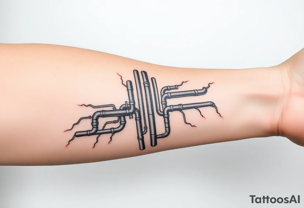wide vertical System of thin pipes that transitions and transforms outwards of sides and end into thick, widespread 
veins of forearm tattoo idea