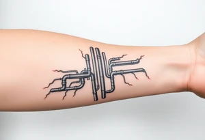 wide vertical System of thin pipes that transitions and transforms outwards of sides and end into thick, widespread 
veins of forearm tattoo idea