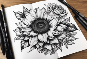 Sunflower, book, flower rose rose & bleu tattoo idea