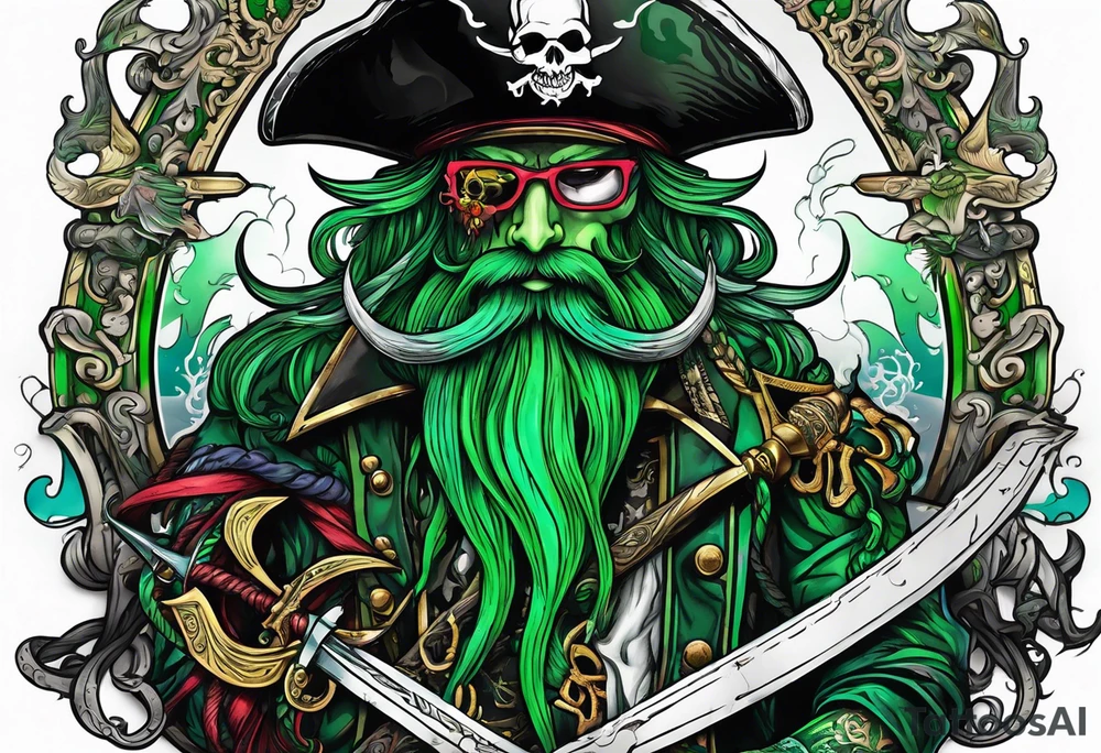 green pirate squid holding bloody sword and anchor, black hat, beard tattoo idea