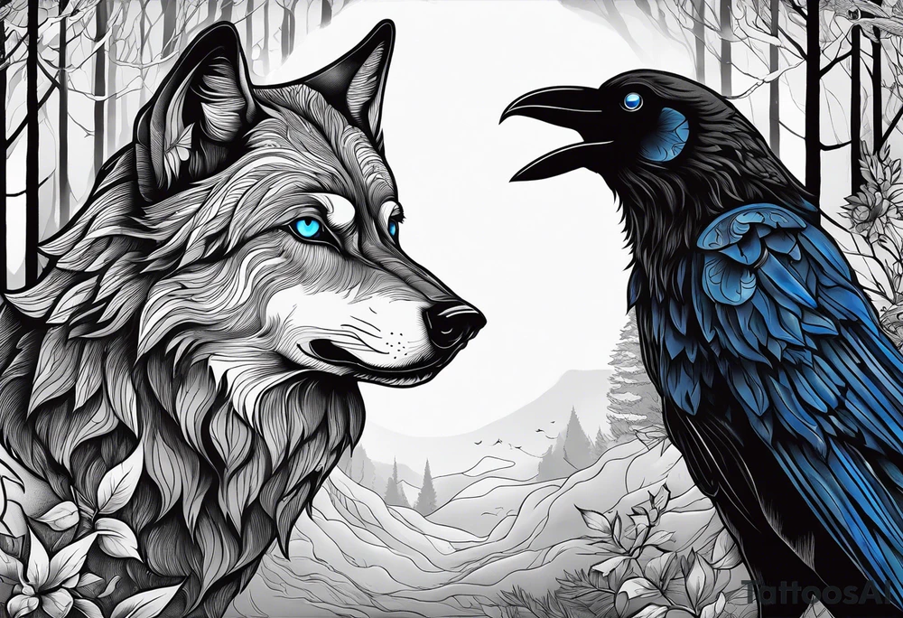 main character an impressive blue-eyed wolf, a crow talks to the wolf, background a gloomy forest tattoo idea