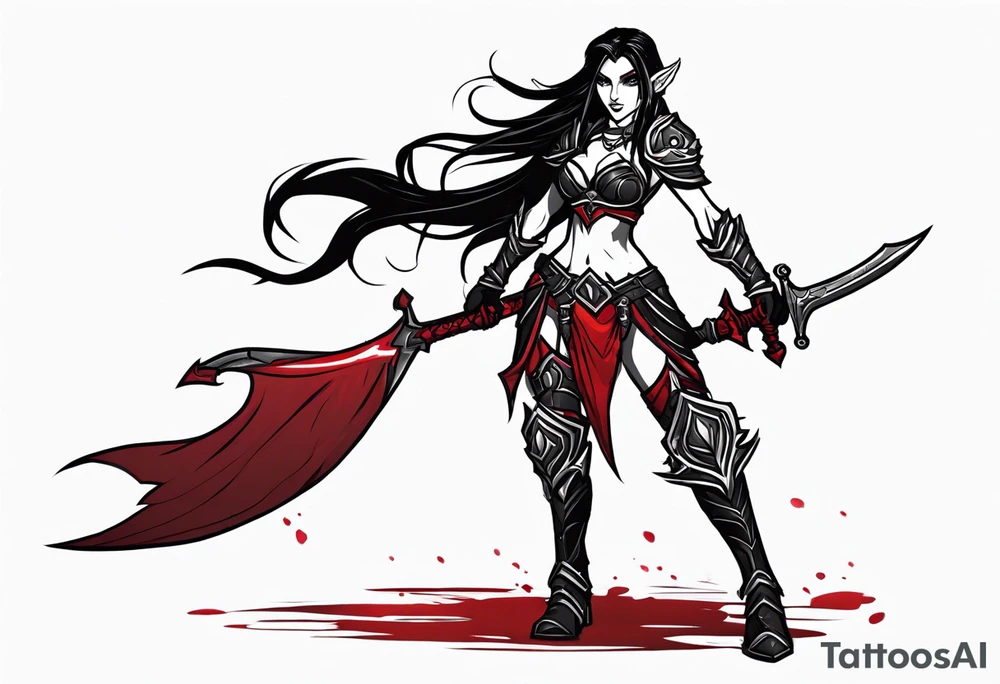 Line art full body of an female night elf warrior with black and blood crimson red plate armor. with long black pony tail style. she is very battle hardened. wielding a massive great sword with blood dripping from it. she is walking towards you.she got fur on her shoulders and an red cape. art style inspired by world of warcraft, tattoo design tattoo idea