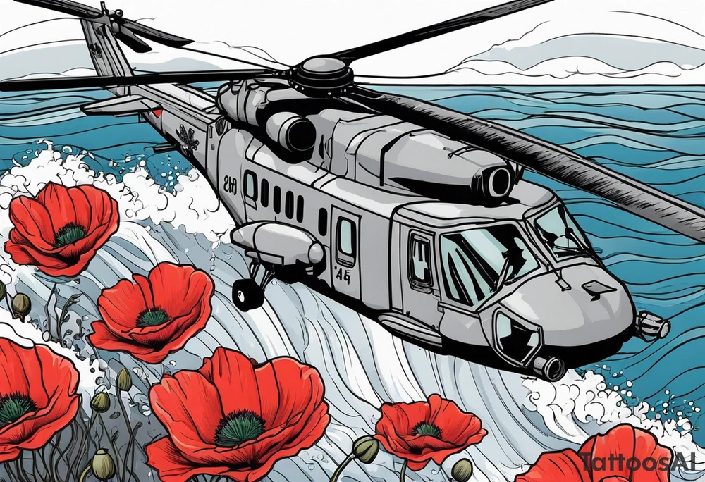 Canadian military grey CH-148 Cyclone helicopter soaring low over rough, ocean waves. A poppy flower be prominently displayed tattoo idea