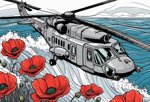 Canadian military grey CH-148 Cyclone helicopter soaring low over rough, ocean waves. A poppy flower be prominently displayed tattoo idea