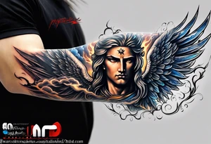 forearm sleeve of michael the archangel with clouds and lightning tattoo idea
