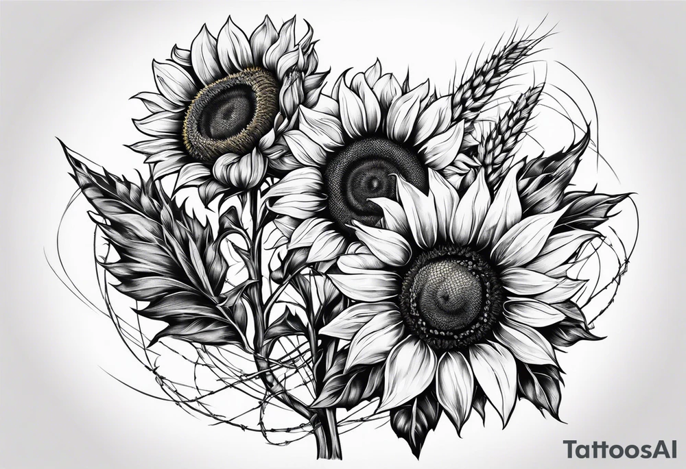 Sunflower, wheat, and barbed wire half sleeve tattoo idea