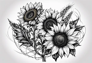 Sunflower, wheat, and barbed wire half sleeve tattoo idea