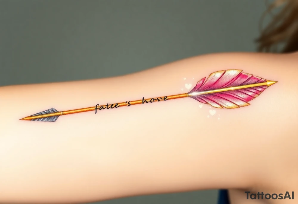 A sleek golden arrow with an intricately carved runic inscription along the shaft, symbolizing a fated love. The arrow’s feathered fletching is detailed with soft pink and red hues, while the arrowhead glows with a subtle silver light, representing destiny. Surrounding the arrow are tiny floating hearts and sparkles, creating a mystical aura of passion and devotion. The design gives the impression of the arrow mid-flight, striking straight into the heart of love. tattoo idea