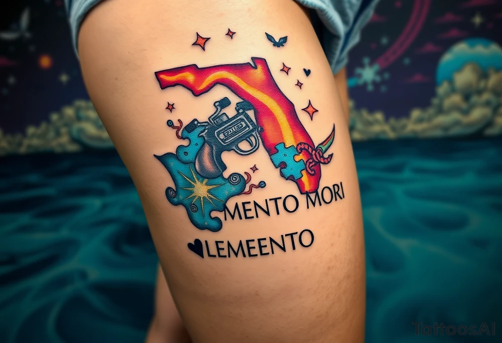 colorful futuristic memory tattoo for passed boyfriend; Florida, gulf coast water, Harley Davidson, skateboarding, puzzle pieces, video games, heaven, god, outdoors, guns, disc golf, words "MEMENTO MORI" tattoo idea