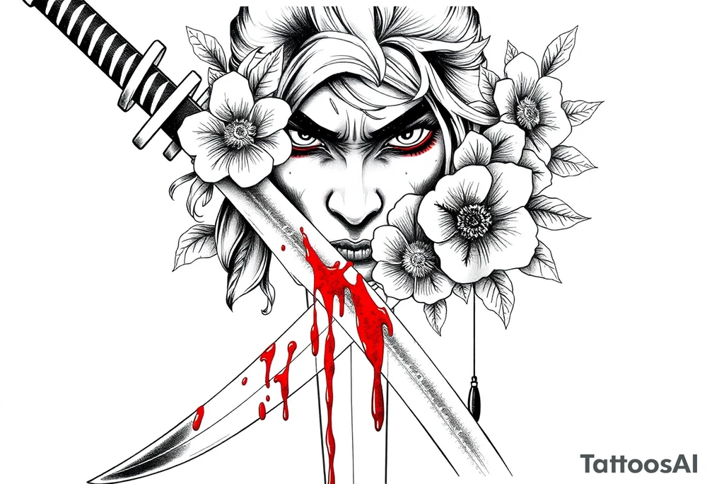 Katana with flowers and blood on the blade tattoo idea