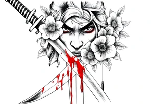 Katana with flowers and blood on the blade tattoo idea