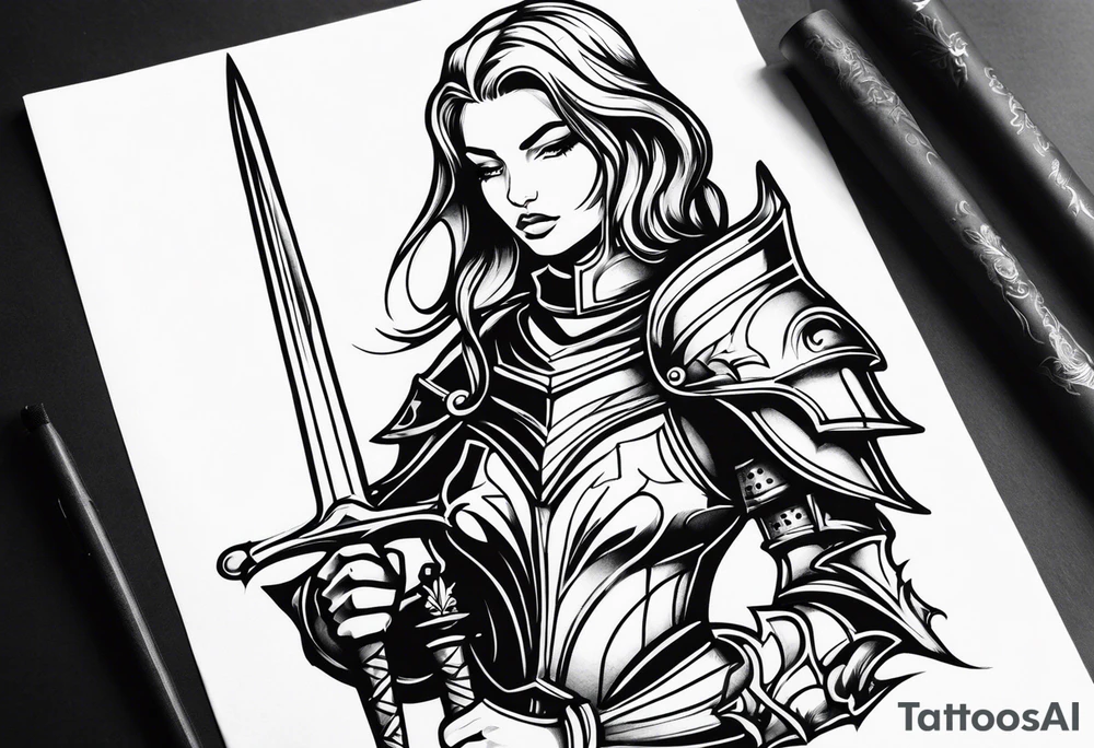 Dark fantasy women knight tattoo idea