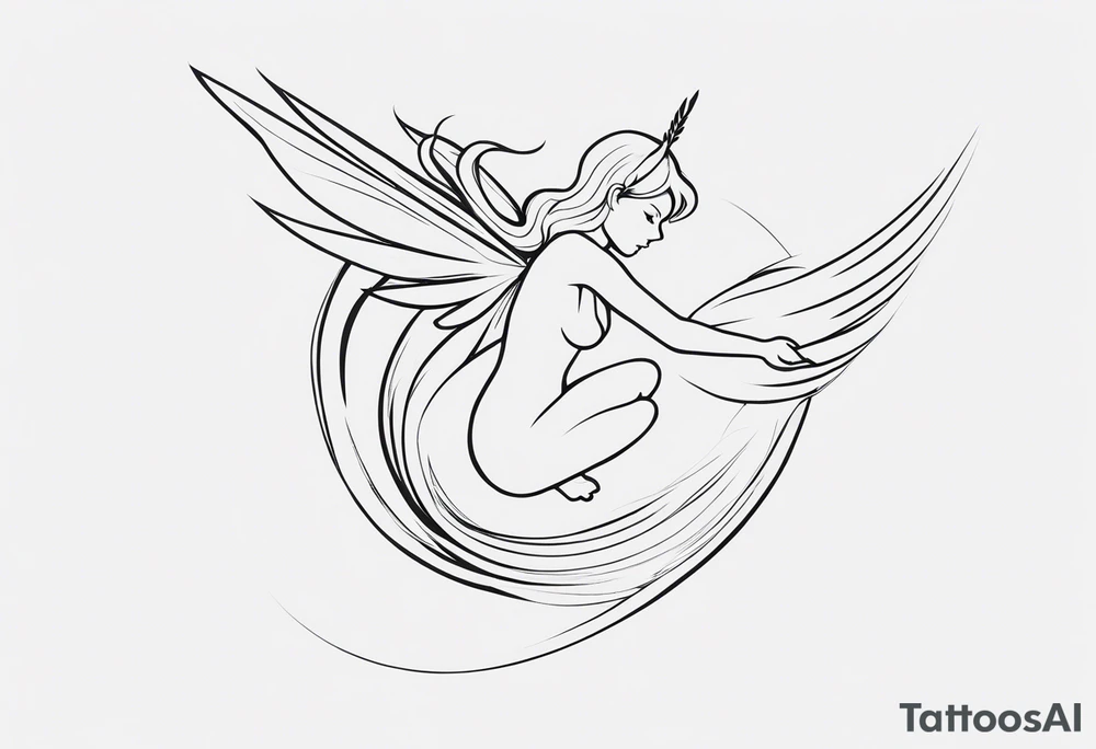 Minimalistic, monochromatic fairy with a tail flying to the left in a fetal position, leaning and looking in the same direction, with visible hands, embodying the 'Fairy Tail' logo aesthetic. tattoo idea