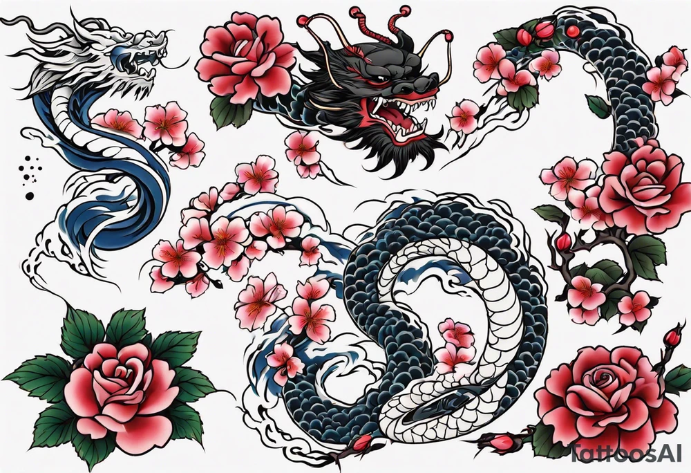 Japanese floral cherry blossom and irezumi back ground filler for traditional Chinese dragon and great waves and rose and butterfly tattoo tattoo idea