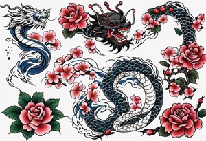 Japanese floral cherry blossom and irezumi back ground filler for traditional Chinese dragon and great waves and rose and butterfly tattoo tattoo idea